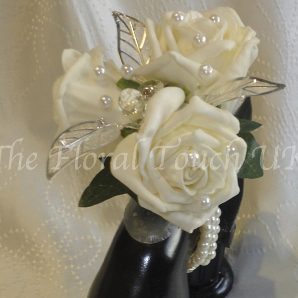 Ivory Rose & Silver Leaf diamante & pearl Wrist Corsage